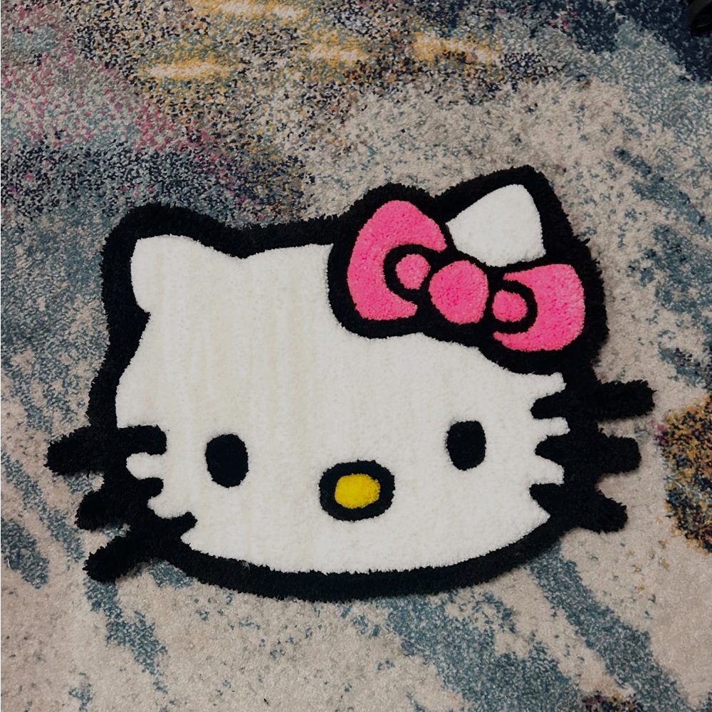 Handmade Pink Cat Cartoon Inspired Rug Tufted custom Rug Pink, White, and Black